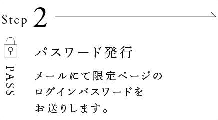 Step2 パスワード発行／メールにて限定ページのログインパスワードをお送りします。