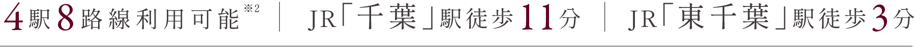 4駅8路線利用可能／JR「東千葉」駅徒歩3分／総武線快速・始発駅※2 JR「千葉」駅より「東京」駅直通38分「船橋」駅直通15分