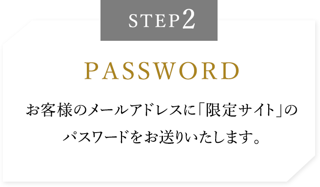 STEP2【PASSWORD】お客様のメールアドレスに「限定サイト」のパスワードをお送りいたします。