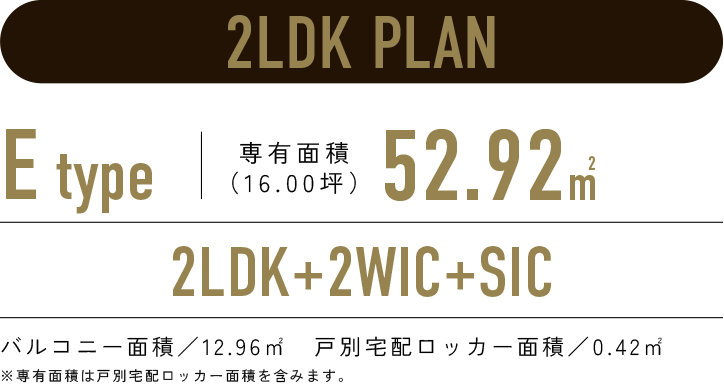 2LDK PLAN／E-type 専有面積52.50㎡（15.88坪）／2LDK+2WIC+SIC／バルコニー面積：12.96㎡　戸別宅配ロッカー面積：0.42㎡